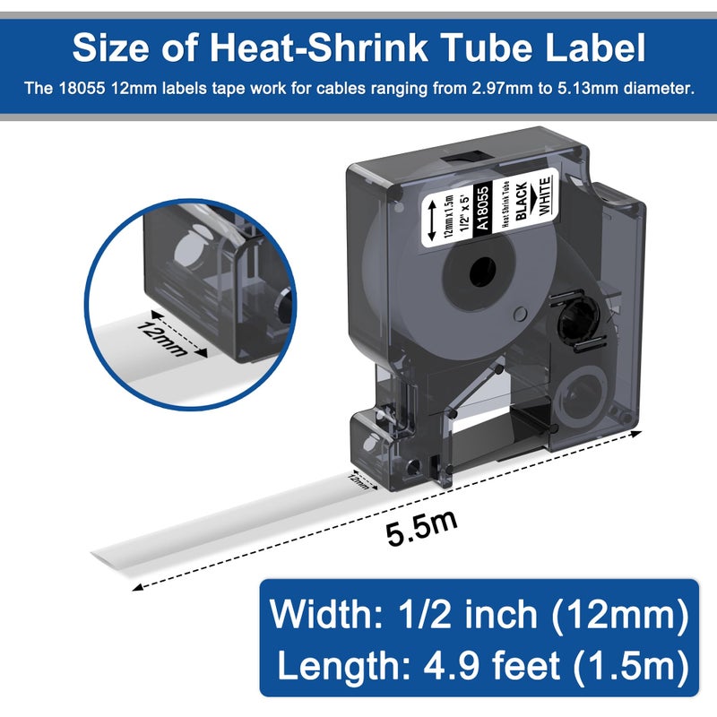 Wonfoucs Compatible with Dymo Rhino Heat Shrink Tube Labels 18055 A18055 | 1/2" 12mm x 5.5m | Black on White | Compatible with DYMO Rhino 4200 5200 6000 Industrial Label Makers | 5-Pack - Image 3